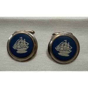 Vintage Wedgwood Cuff Links Blue Jasperware Gold Sterling Sailing Ship